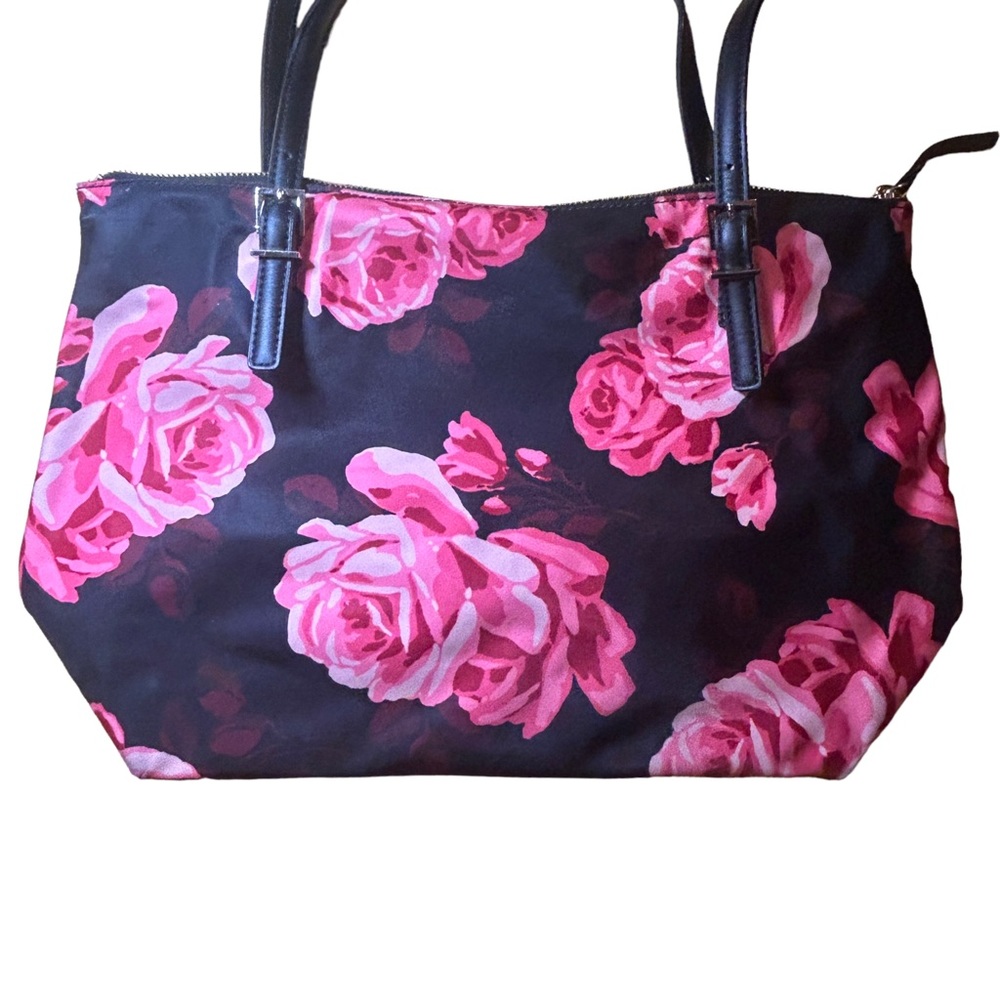 Kate Spade Floral Roses Fabric + Leather Trim Large Black Shoulder Bag Purse - Picture 3 of 15